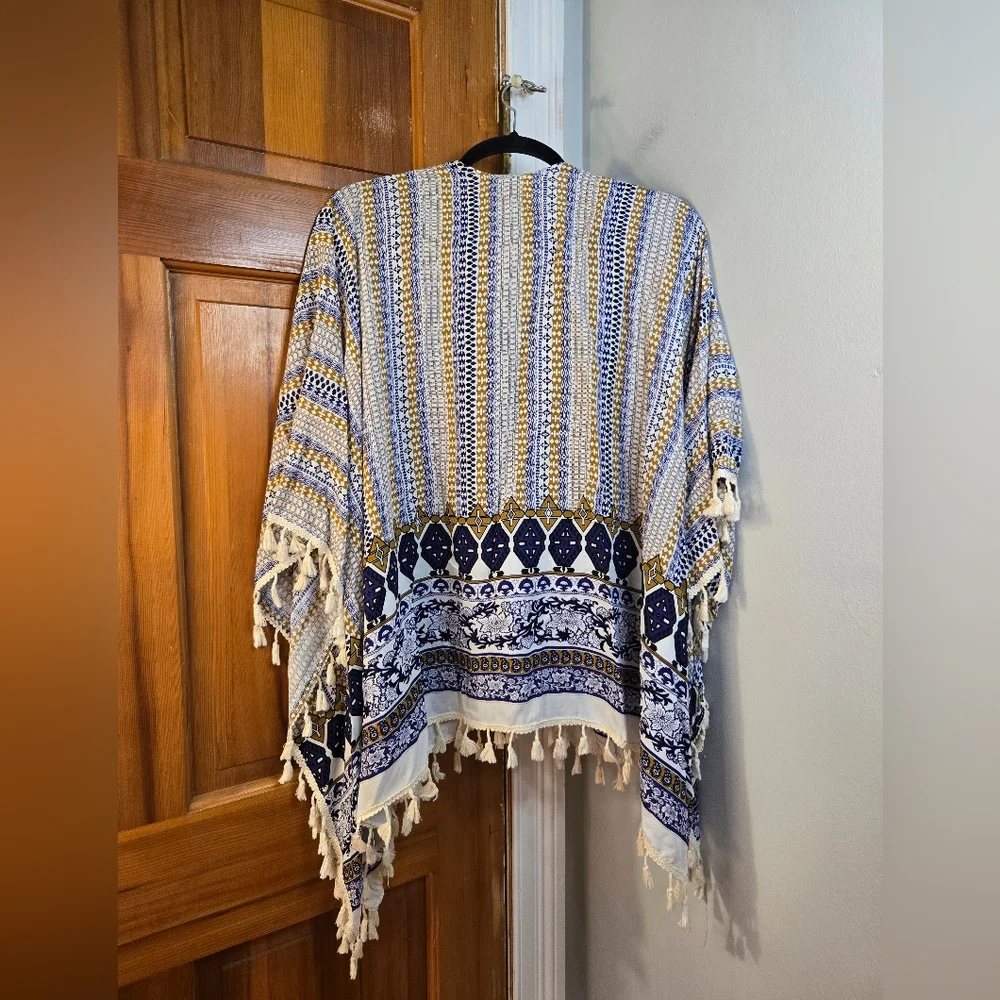 Bobbie Brooks Boho Poncho Open Kimono Blue And Yellow One Size